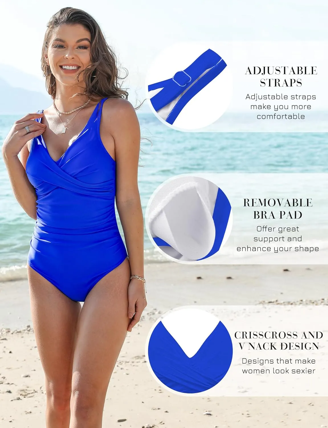 Women's One Piece Swimsuits Tummy Control Bathing Suits for Womens V Neck Criss Cross Ruched Push Up Slimming Swimwear