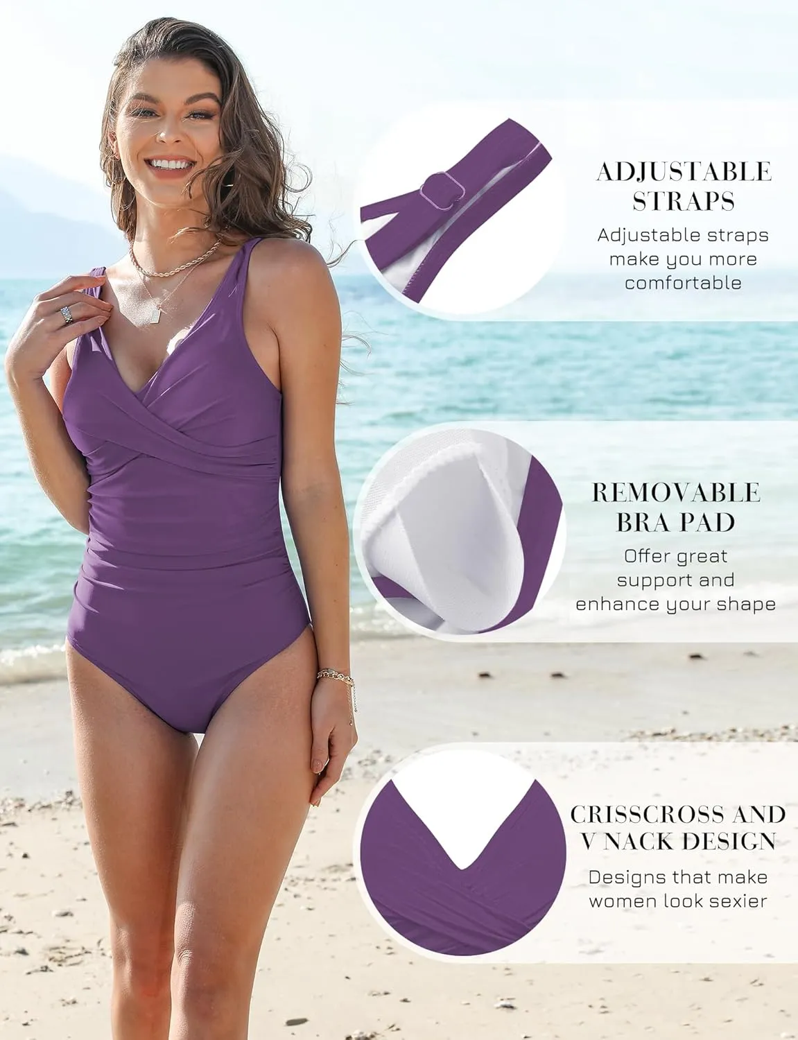 Women's One Piece Swimsuits Tummy Control Bathing Suits for Womens V Neck Criss Cross Ruched Push Up Slimming Swimwear