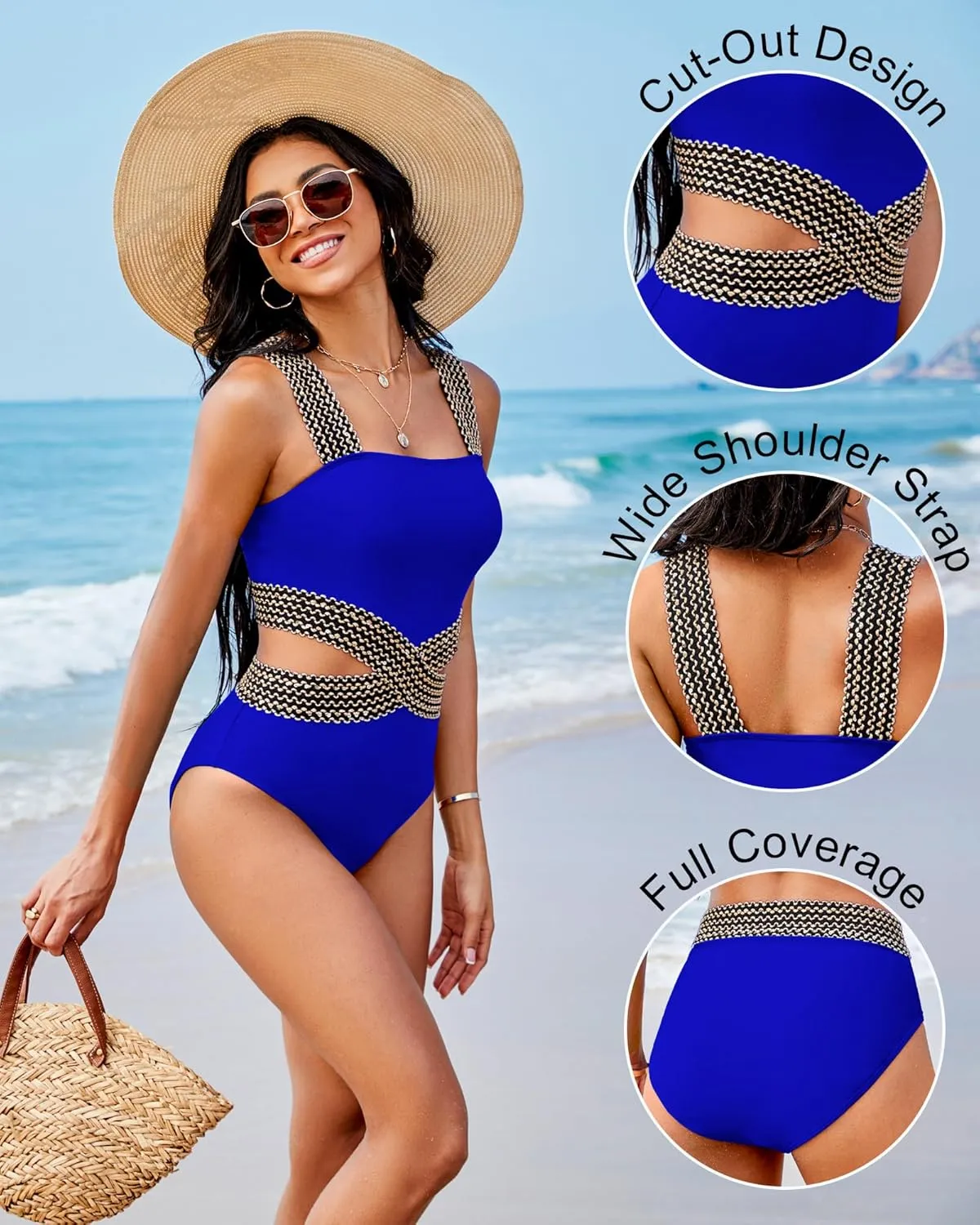 Womens One Piece Tummy Control Swimsuit Modest High Waisted Bathing Suit Color Block Bandeau Monokini Sexy Cutout