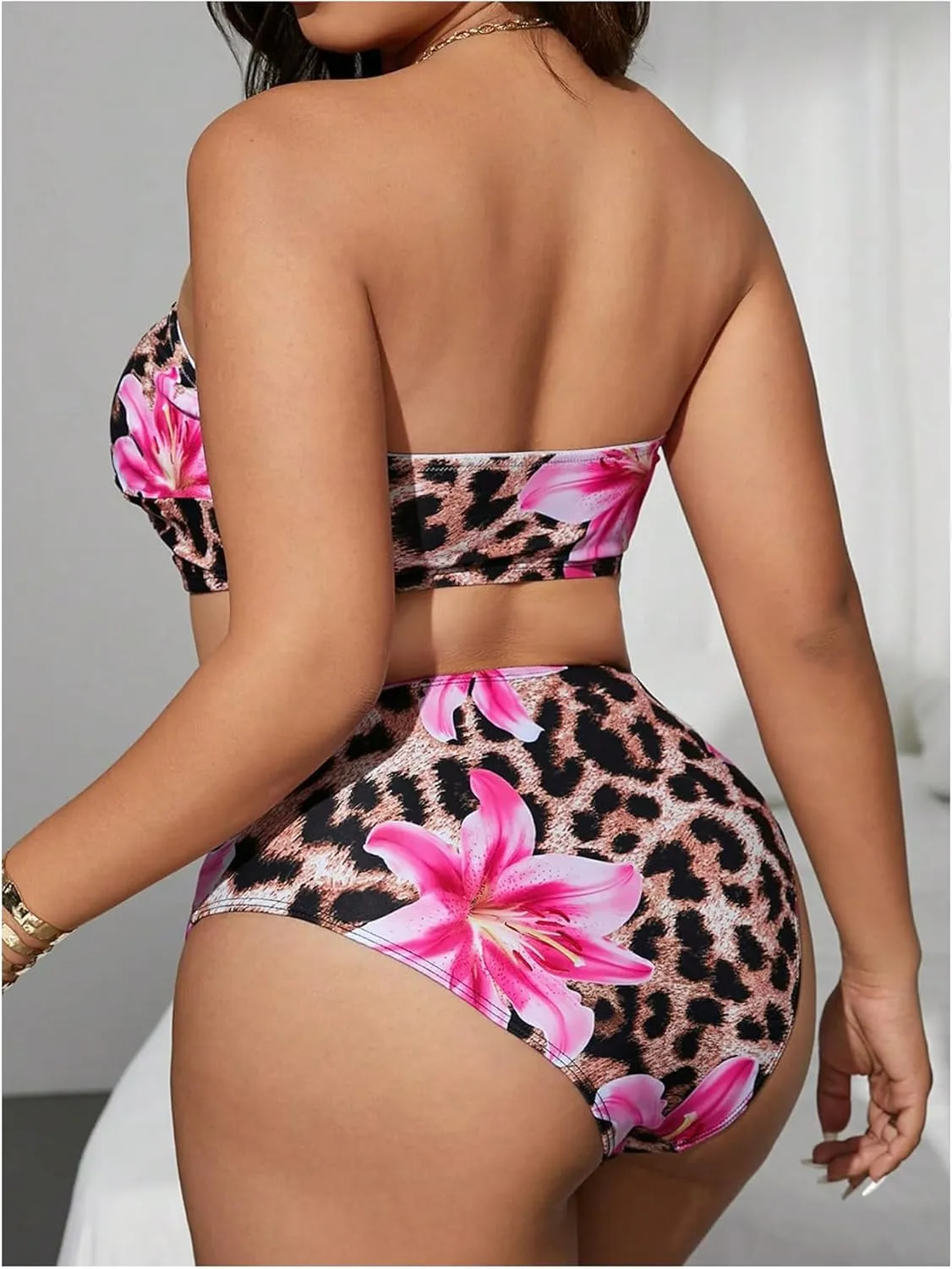 Women's Plus Size Floral Leopard Bandeau Swimsuits High Waisted Bikini Set 2 Piece Bathing Suits