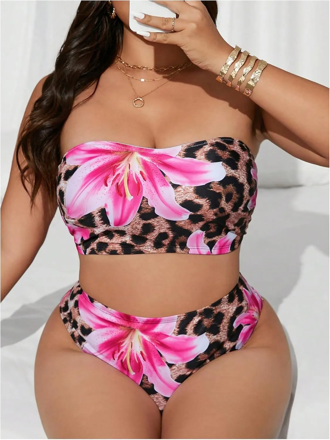 Women's Plus Size Floral Leopard Bandeau Swimsuits High Waisted Bikini Set 2 Piece Bathing Suits