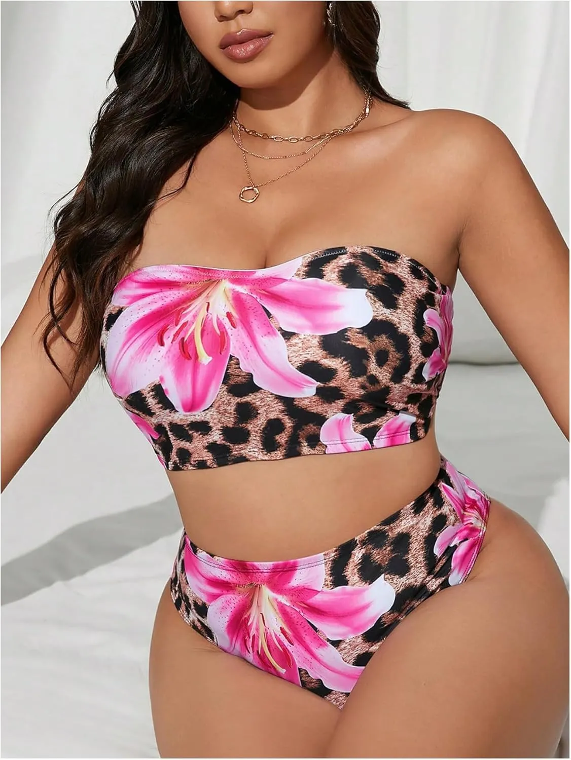Women's Plus Size Floral Leopard Bandeau Swimsuits High Waisted Bikini Set 2 Piece Bathing Suits
