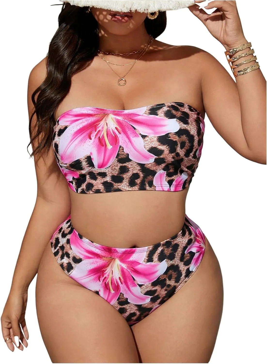 Women's Plus Size Floral Leopard Bandeau Swimsuits High Waisted Bikini Set 2 Piece Bathing Suits