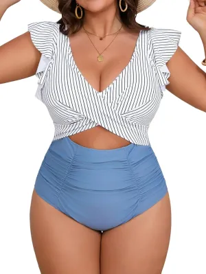 Women's Plus Size One Piece Swimsuit Tummy Control V Neck Bathing Suit Cutout Ruffle Swimwear