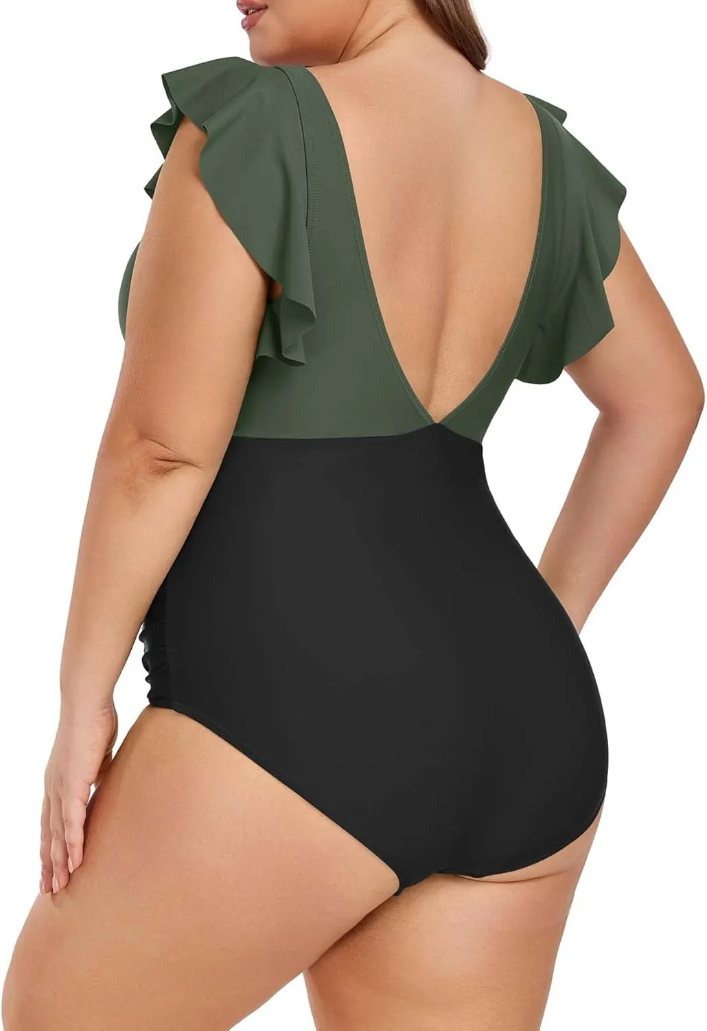 Women's Plus Size One Piece Swimsuit Tummy Control V Neck Bathing Suit Cutout Ruffle Swimwear