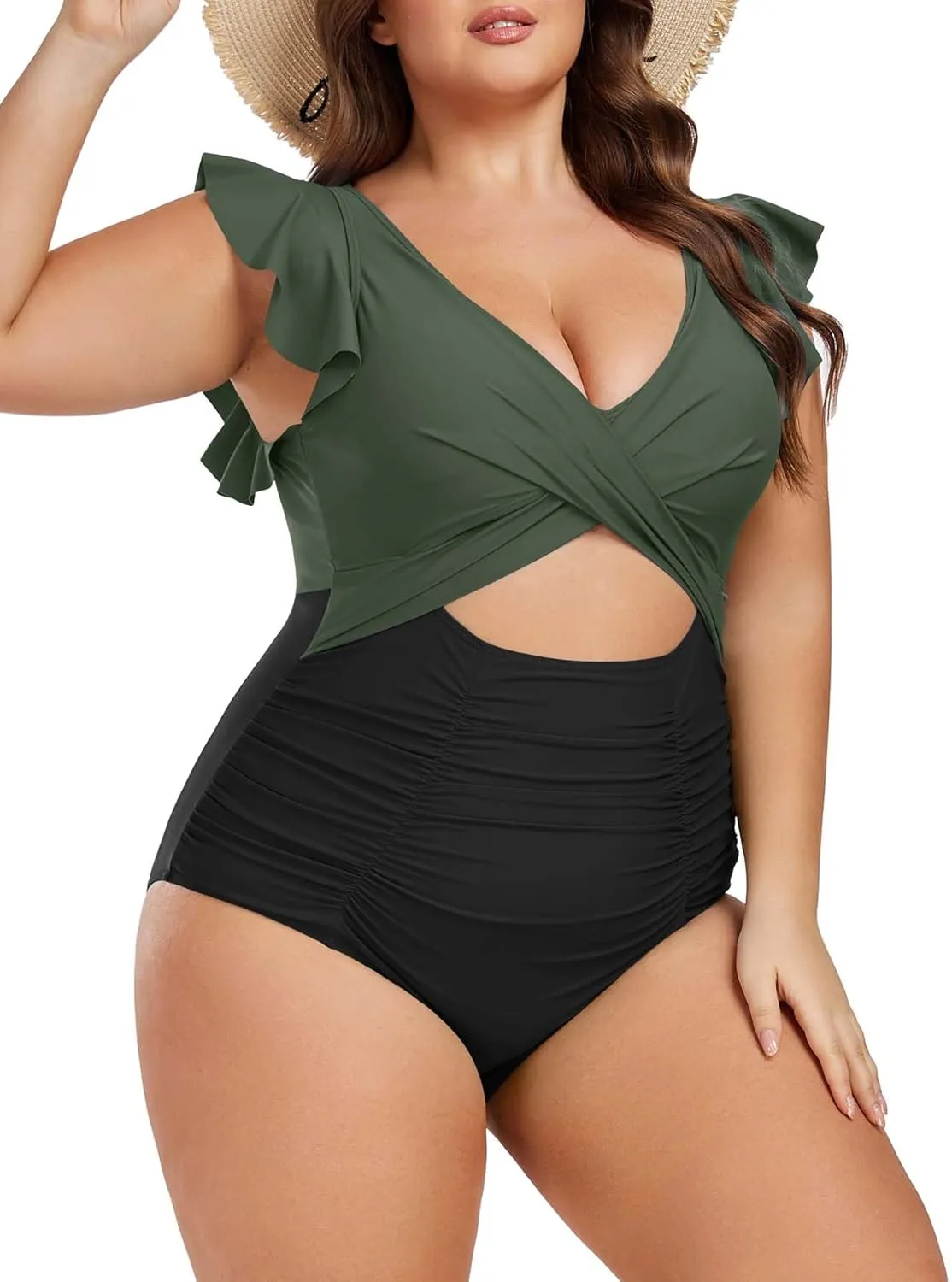 Women's Plus Size One Piece Swimsuit Tummy Control V Neck Bathing Suit Cutout Ruffle Swimwear