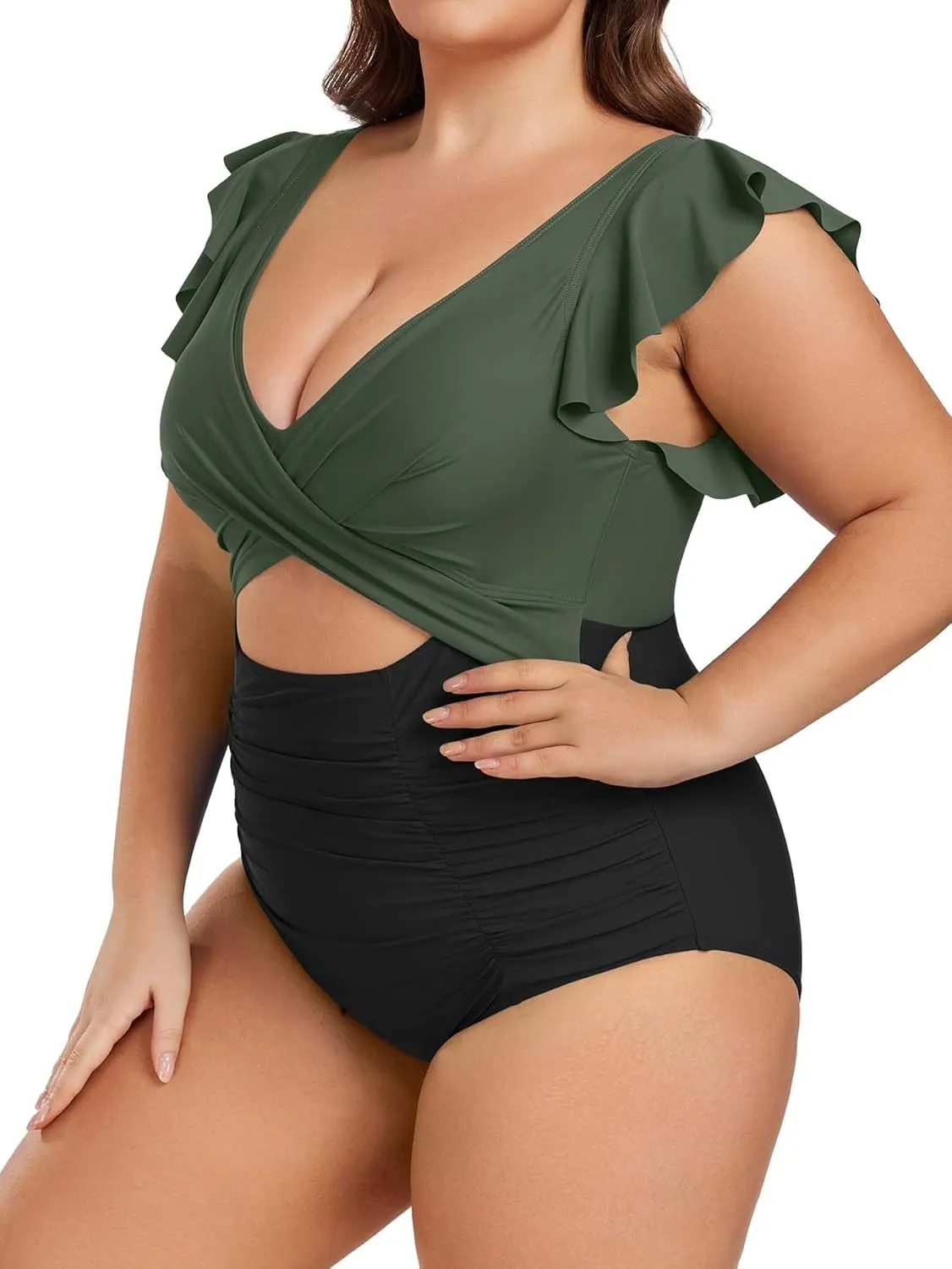 Women's Plus Size One Piece Swimsuit Tummy Control V Neck Bathing Suit Cutout Ruffle Swimwear