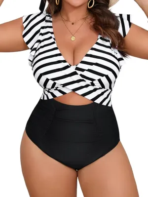 Women's Plus Size One Piece Swimsuit Tummy Control V Neck Bathing Suit Cutout Ruffle Swimwear