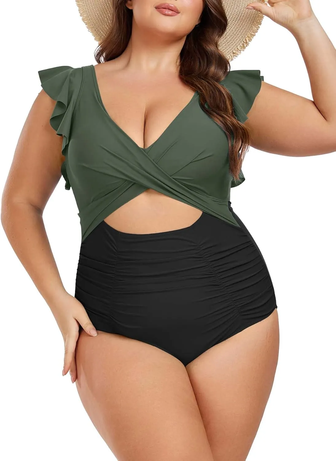 Women's Plus Size One Piece Swimsuit Tummy Control V Neck Bathing Suit Cutout Ruffle Swimwear