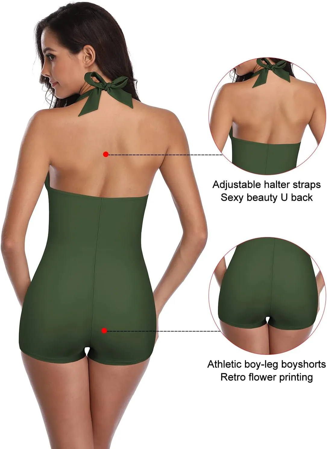 Women's Retro Halter Bathing Suits Vintage One Piece Swimsuit for Women Tummy Control Plus Boy-Leg Ruched Push up Swimsuit