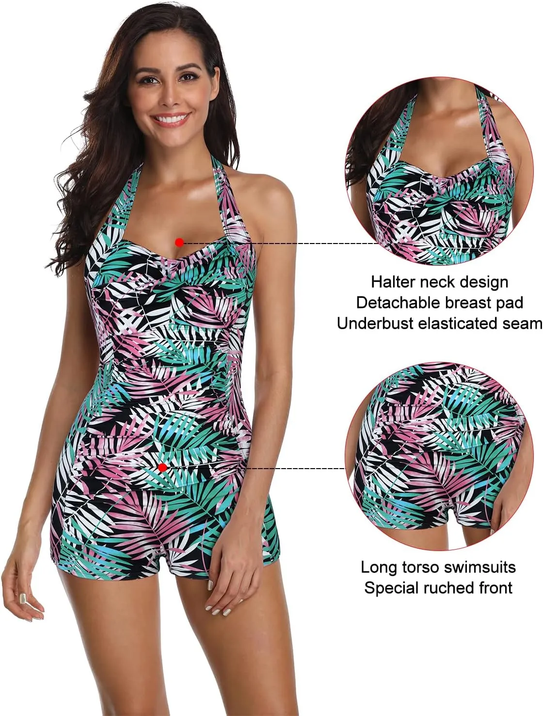 Women's Retro Halter Bathing Suits Vintage One Piece Swimsuit for Women Tummy Control Plus Boy-Leg Ruched Push up Swimsuit