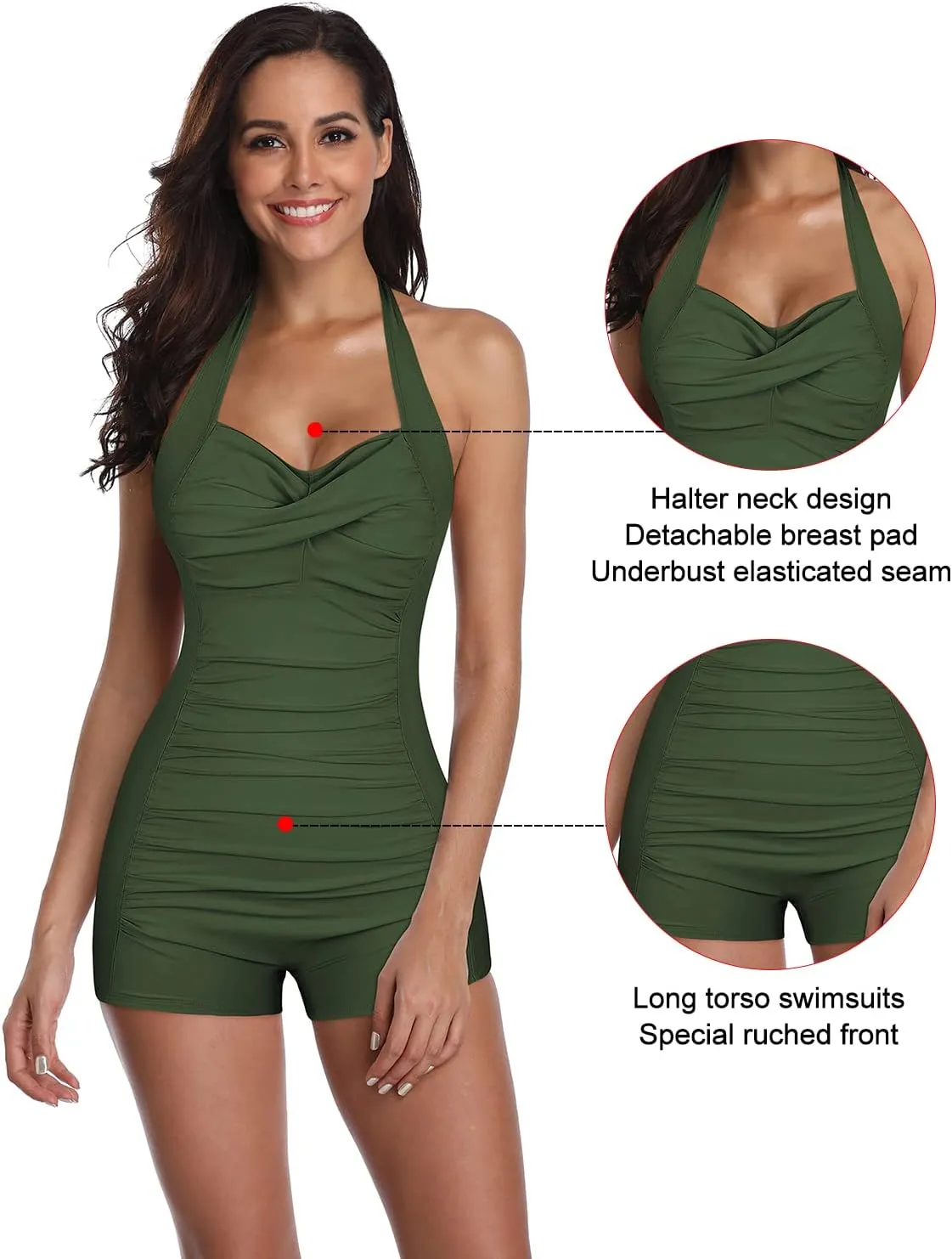 Women's Retro Halter Bathing Suits Vintage One Piece Swimsuit for Women Tummy Control Plus Boy-Leg Ruched Push up Swimsuit