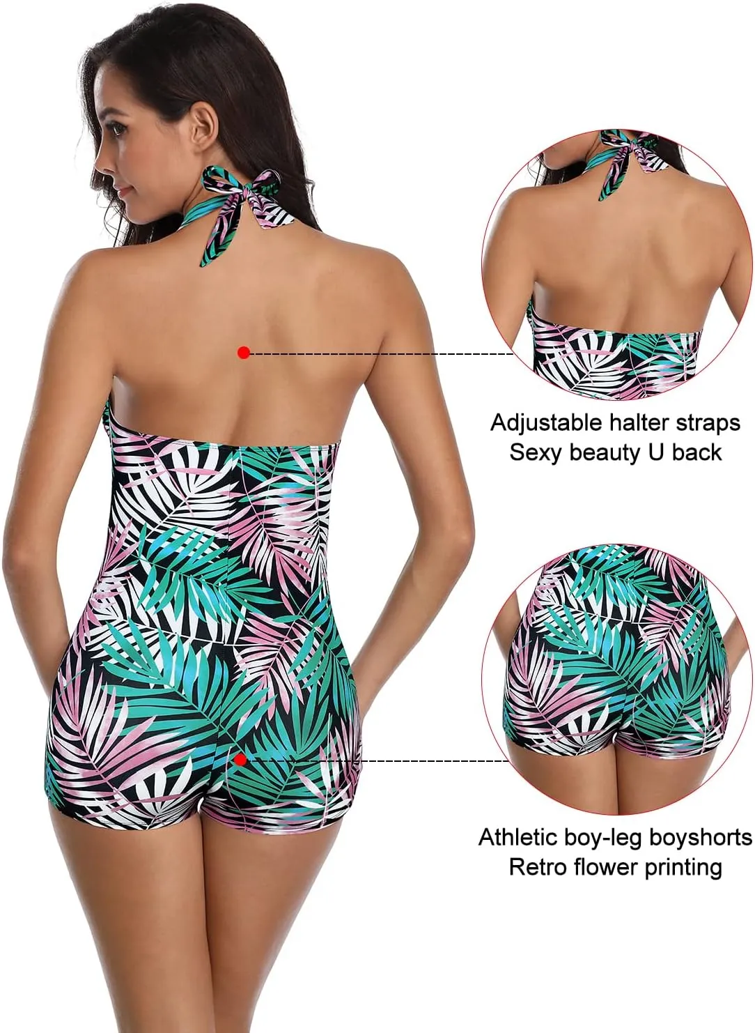 Women's Retro Halter Bathing Suits Vintage One Piece Swimsuit for Women Tummy Control Plus Boy-Leg Ruched Push up Swimsuit