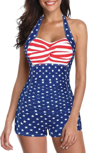 Women's Retro Halter Bathing Suits Vintage One Piece Swimsuit for Women Tummy Control Plus Boy-Leg Ruched Push up Swimsuit