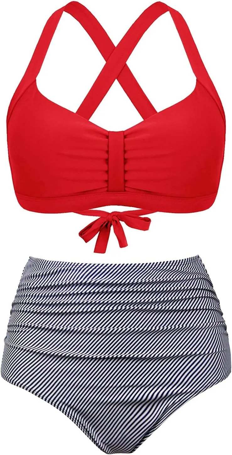 Women's Retro Printed Adjustable Thick Straps Cross Back Push Up Vintage Bikini Swimsuit Tops Only