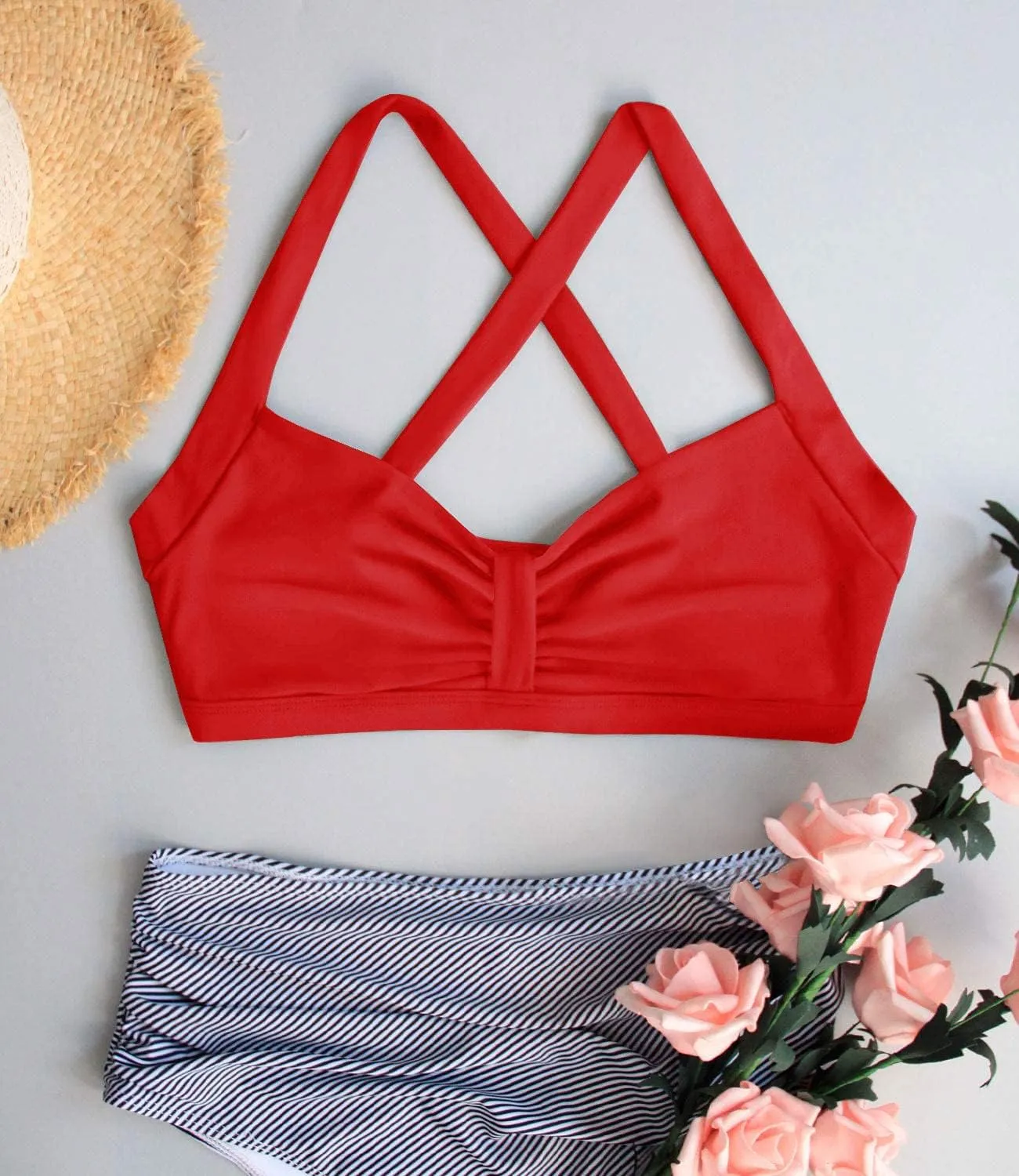 Women's Retro Printed Adjustable Thick Straps Cross Back Push Up Vintage Bikini Swimsuit Tops Only