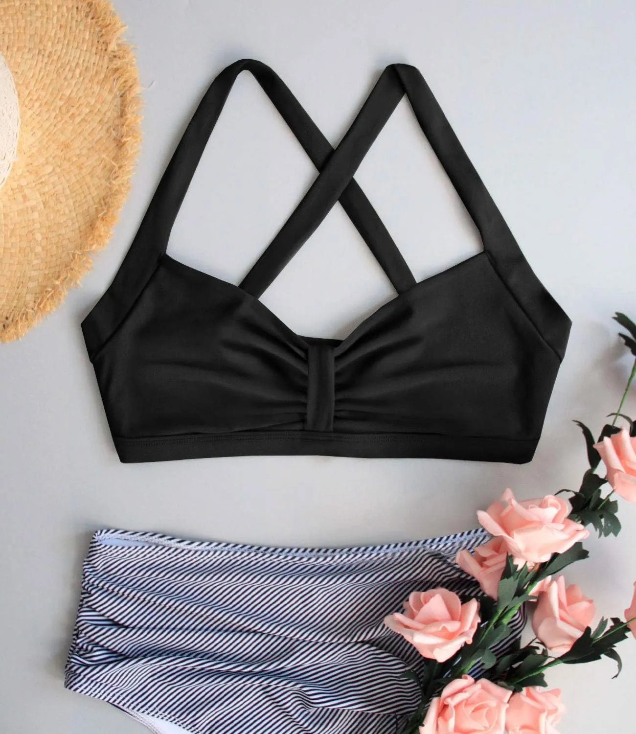 Women's Retro Printed Adjustable Thick Straps Cross Back Push Up Vintage Bikini Swimsuit Tops Only