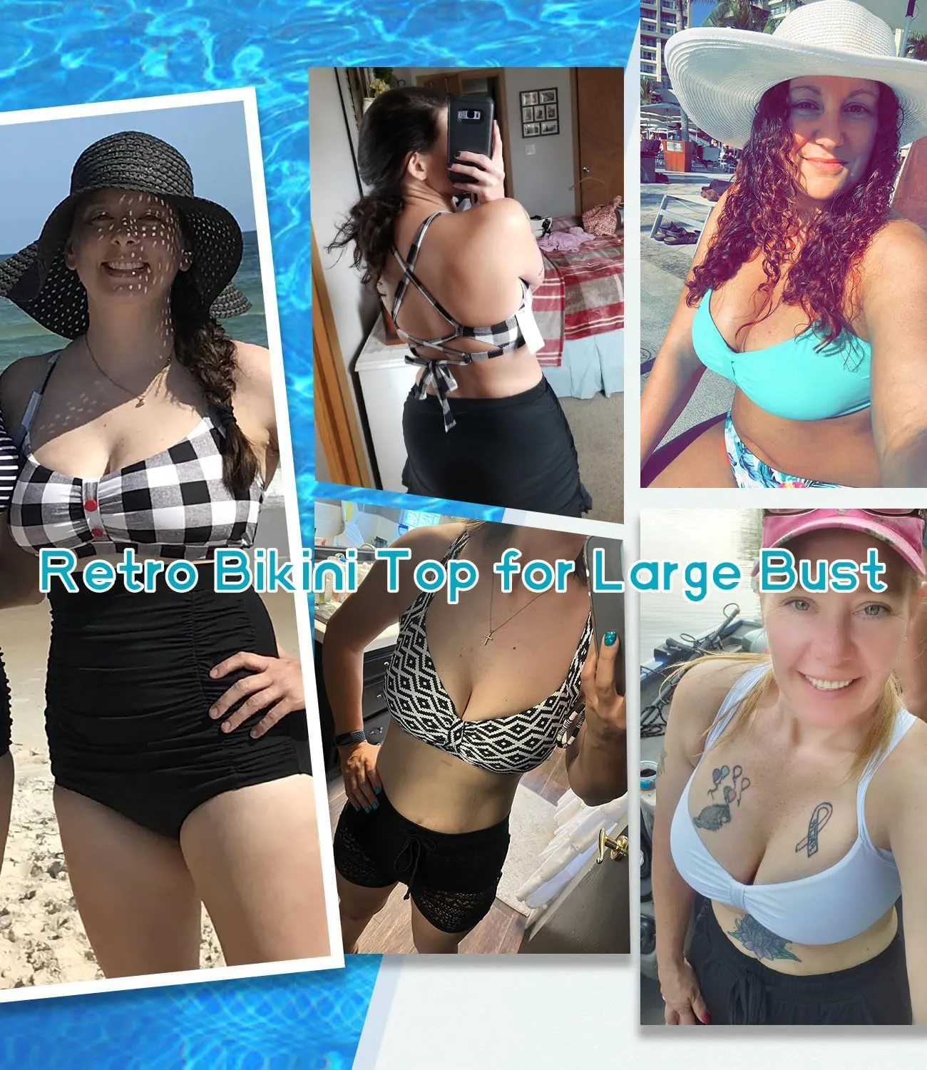 Women's Retro Printed Adjustable Thick Straps Cross Back Push Up Vintage Bikini Swimsuit Tops Only