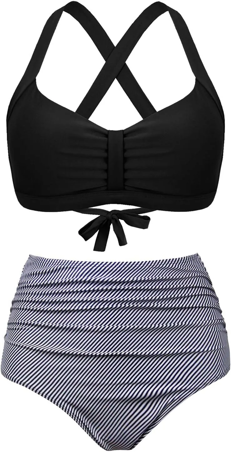 Women's Retro Printed Adjustable Thick Straps Cross Back Push Up Vintage Bikini Swimsuit Tops Only