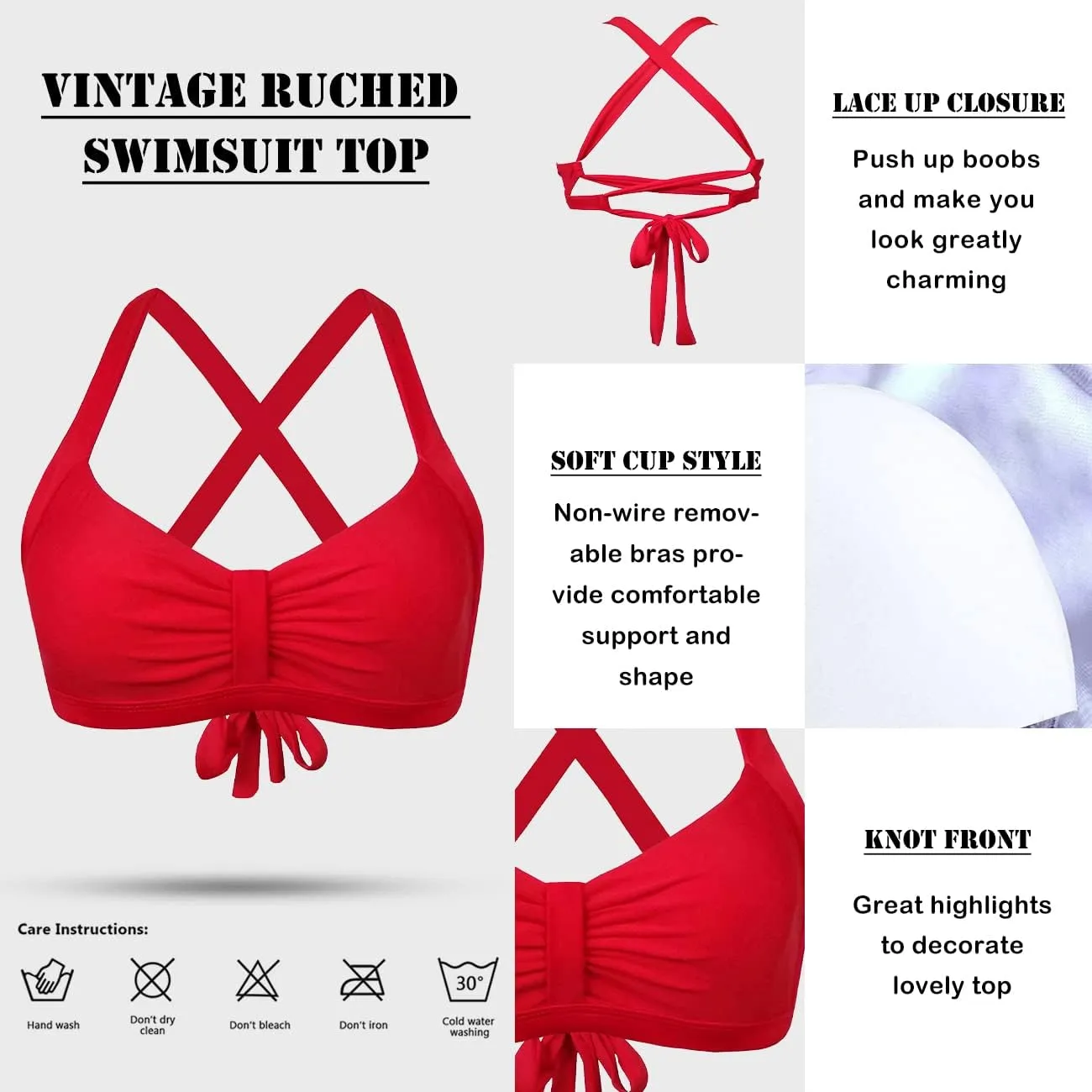 Women's Retro Printed Adjustable Thick Straps Cross Back Push Up Vintage Bikini Swimsuit Tops Only