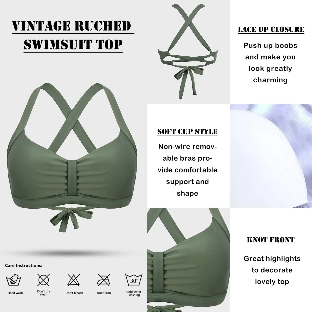 Women's Retro Printed Adjustable Thick Straps Cross Back Push Up Vintage Bikini Swimsuit Tops Only