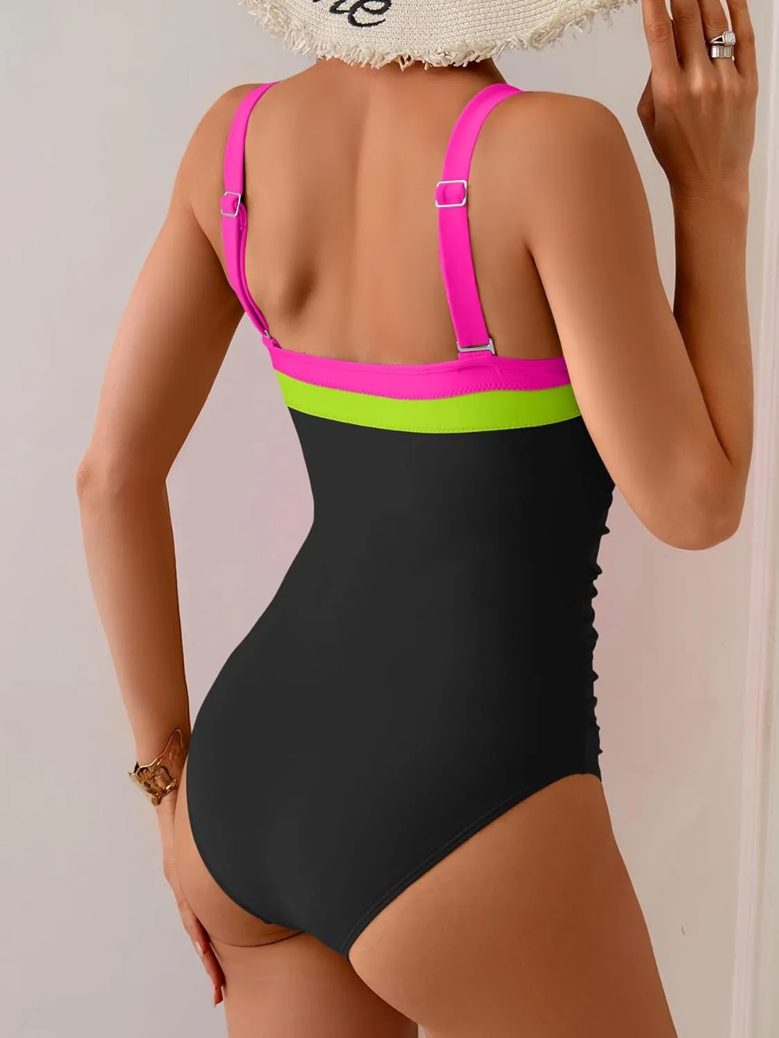 Women's Ribbed One Piece Swimsuits Color Block Tummy Control Bathing Suit Slimming 1 Piece Swimwear