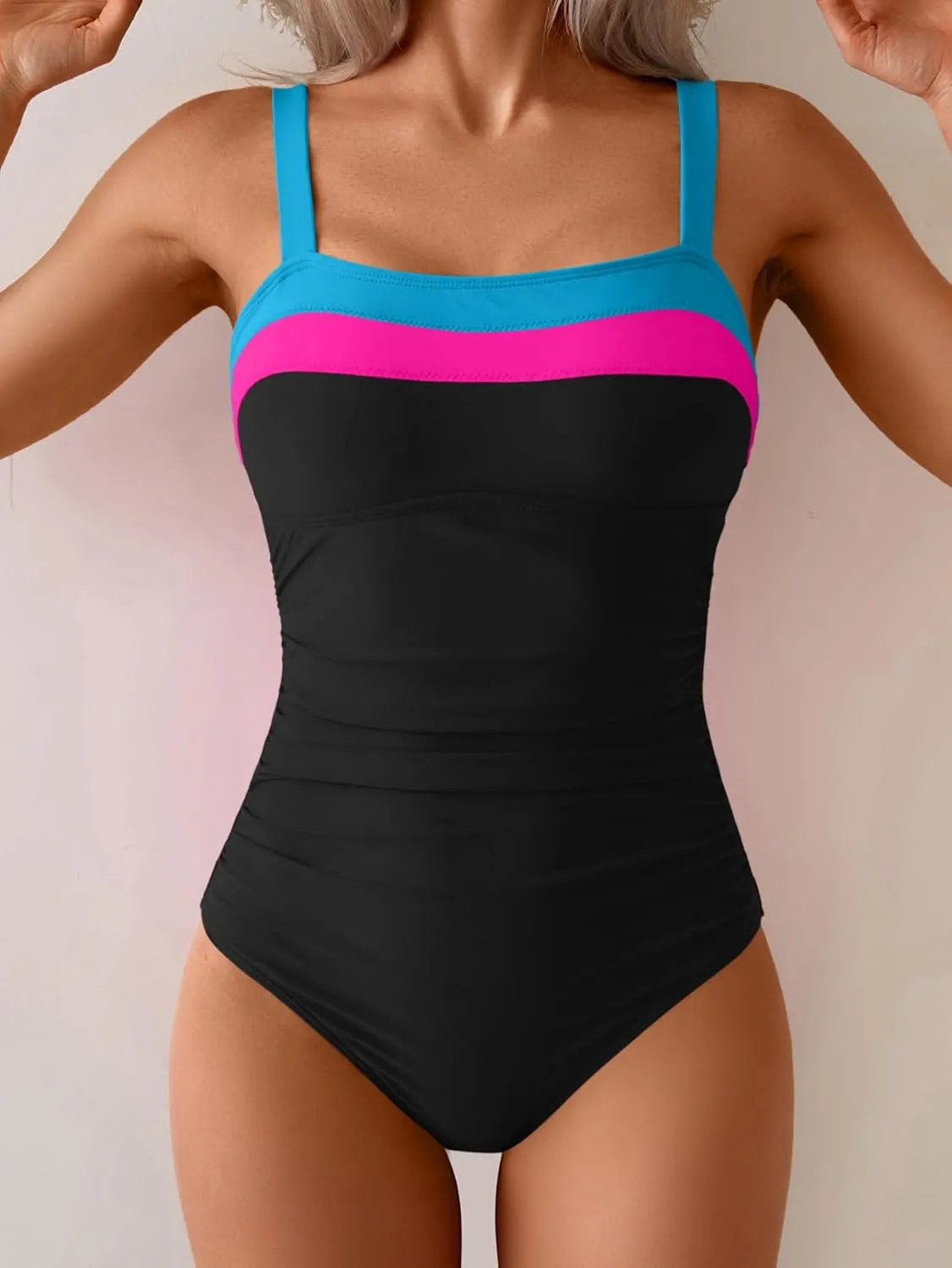 Women's Ribbed One Piece Swimsuits Color Block Tummy Control Bathing Suit Slimming 1 Piece Swimwear