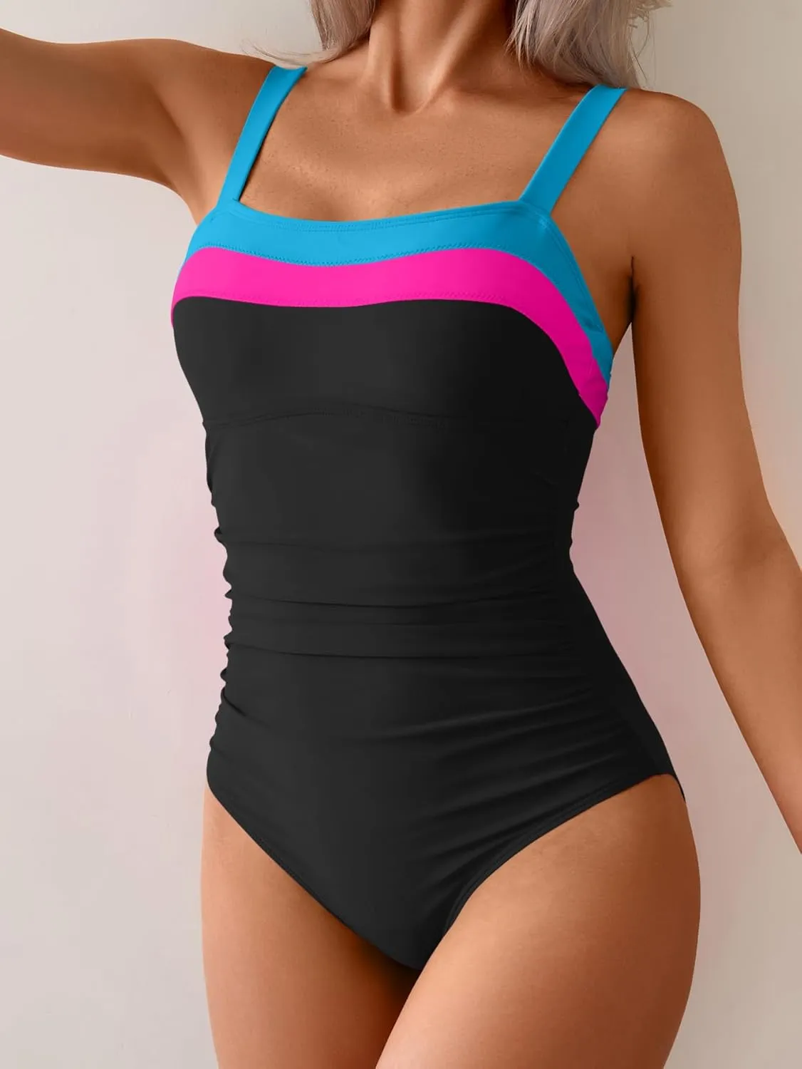 Women's Ribbed One Piece Swimsuits Color Block Tummy Control Bathing Suit Slimming 1 Piece Swimwear