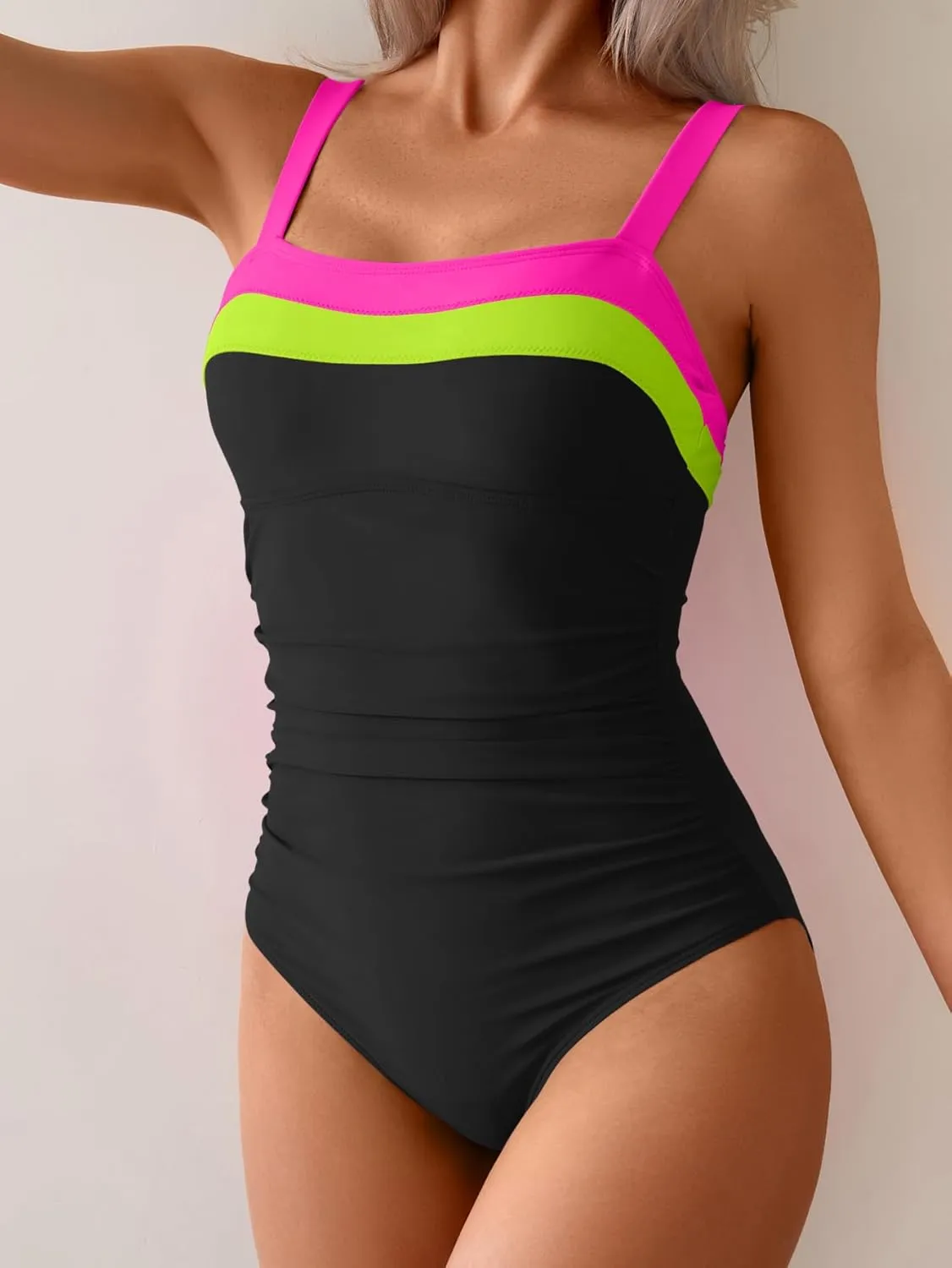 Women's Ribbed One Piece Swimsuits Color Block Tummy Control Bathing Suit Slimming 1 Piece Swimwear