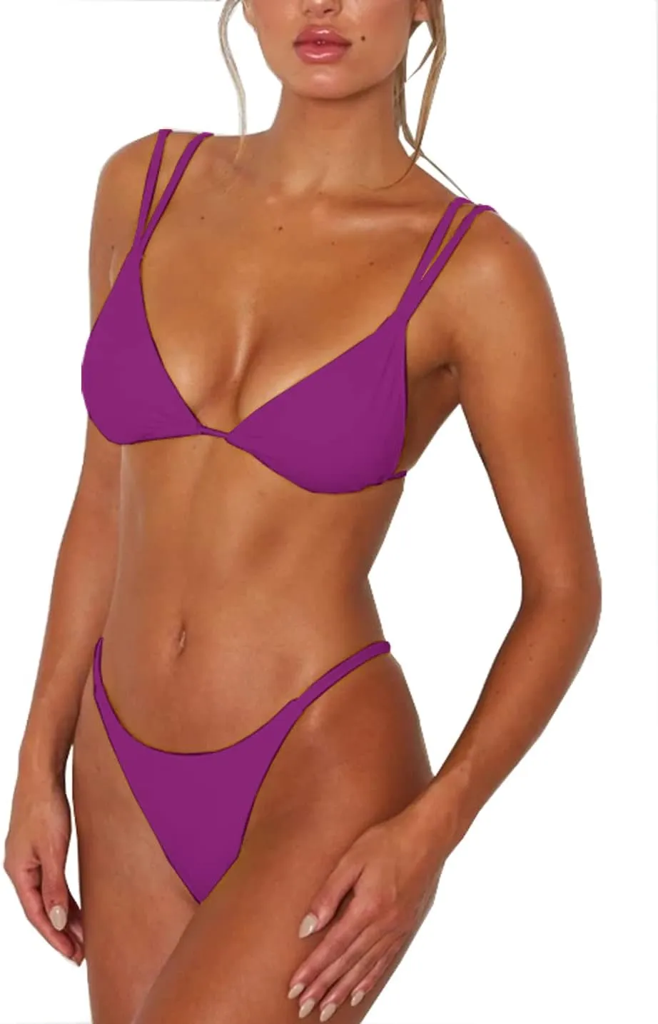 Women's Sexy Thong Bottom Two Piece Bikini Double Shoulder Straps Cute Swimsuit Triangle Bathing Suit