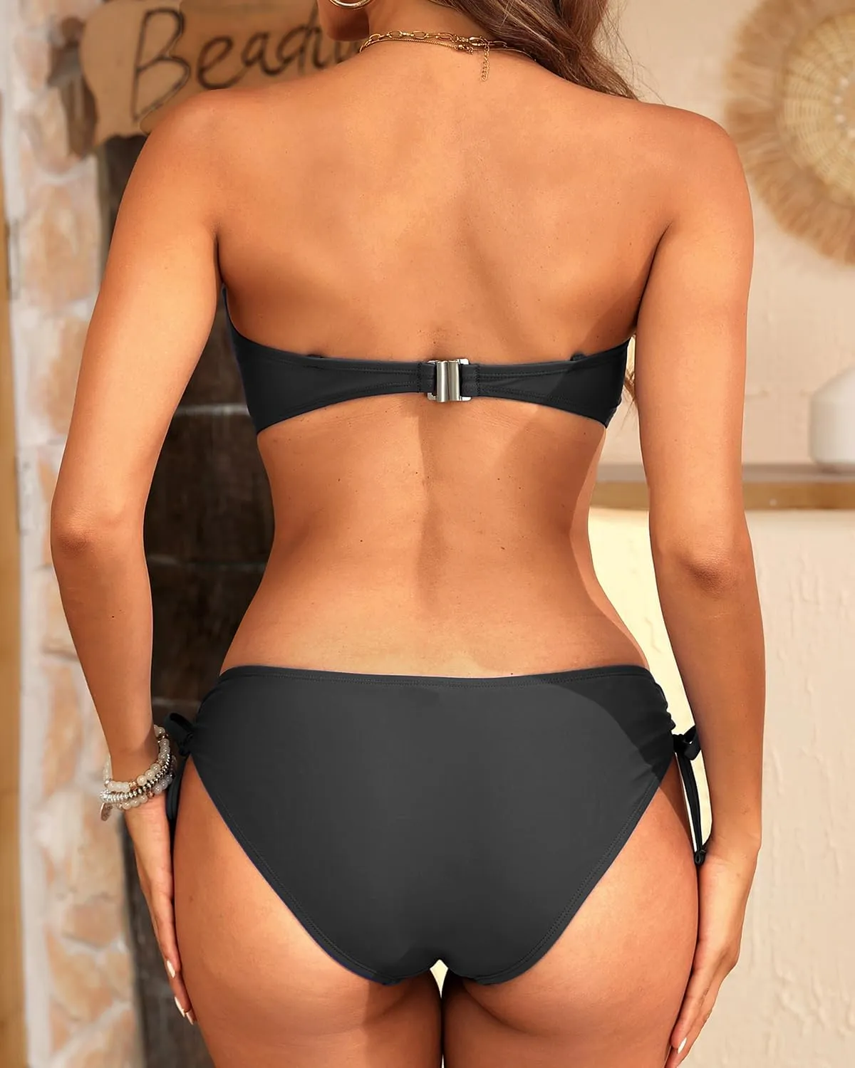 Women's Strapless Bandeau Bikini Set - Twist Front Two Piece Swimsuit Top with Side Tie Bathing Suit Bottom