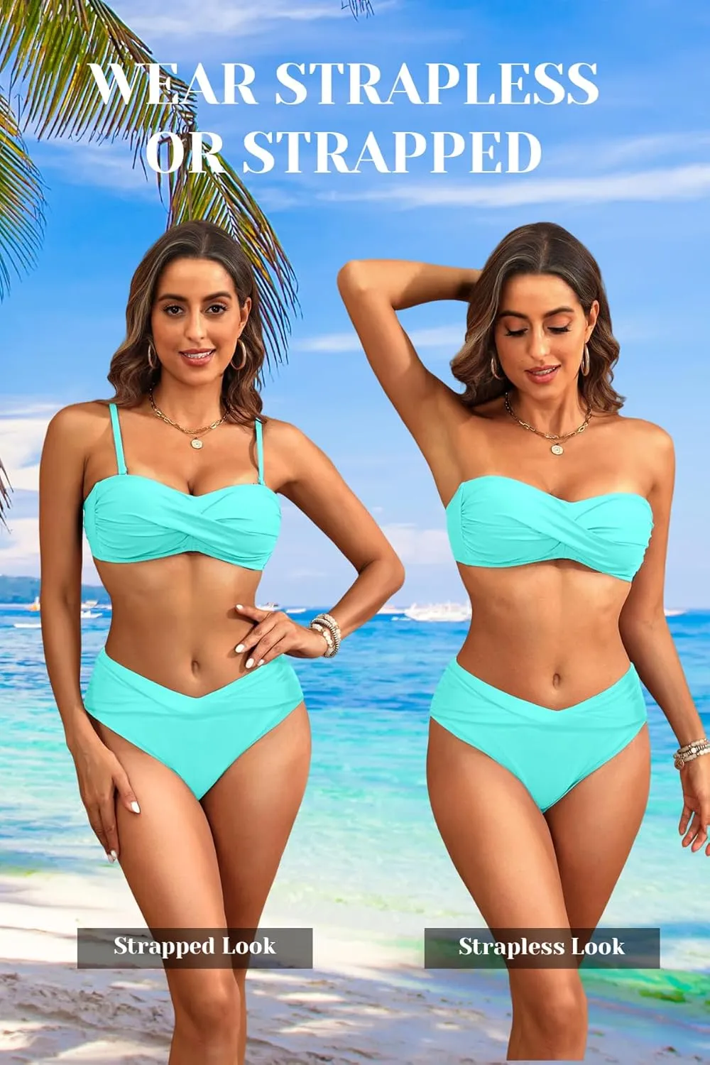 Women's Strapless Bandeau Bikini Set - Twist Front Two Piece Swimsuit with Side Tie Bathing Suit Bottom