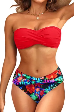Women's Strapless Bandeau Bikini Set - Twist Front Two Piece Swimsuit with Side Tie Bathing Suit Bottom
