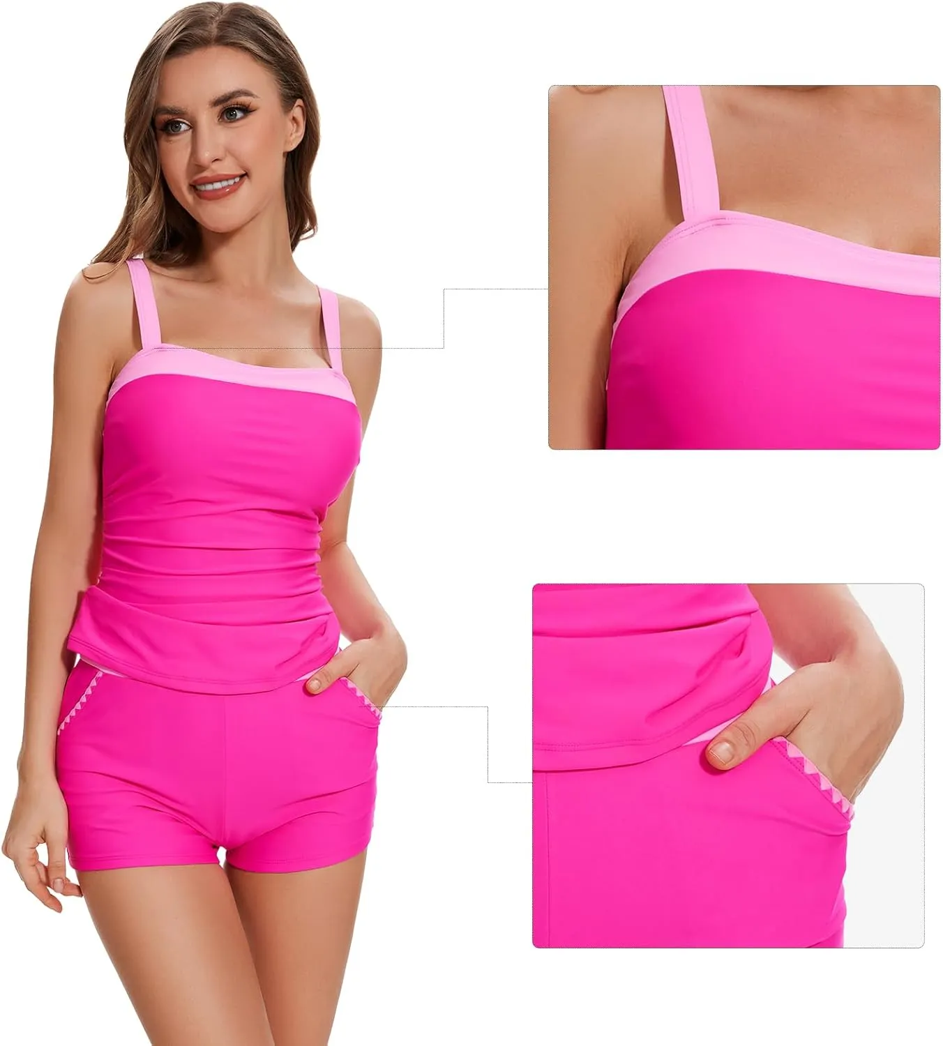 Womens Tankini Swimsuits Retro Two Piece Tummy Control Bathing Suit Color Block Slim Swimwear with Shorts