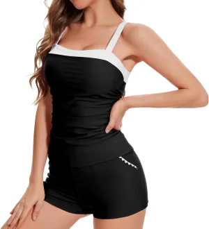 Womens Tankini Swimsuits Retro Two Piece Tummy Control Bathing Suit Color Block Slim Swimwear with Shorts