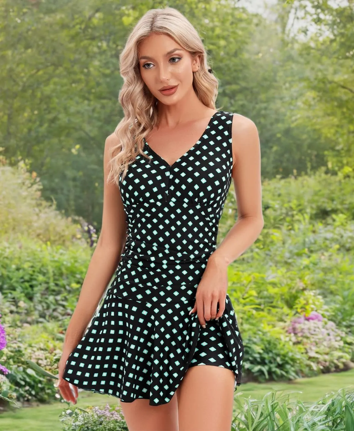 Women's Vintage One Piece Swimdress Floral Print Swimsuits Ruffle Skirt Bathing Suits Tummy Control Swimwear