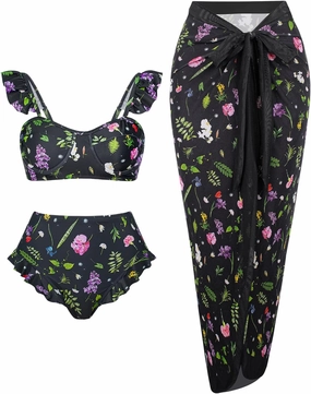 Womens 3 Piece Swimsuits with Cover Up 3 Pieces Bikini Set with Sarong High Waisted Bikini with Beach Cover Up Set