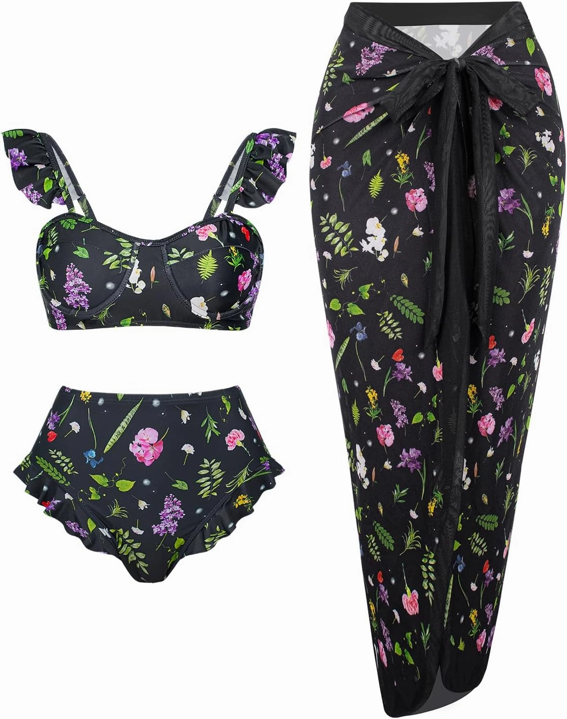 Womens 3 Piece Swimsuits with Cover Up 3 Pieces Bikini Set with Sarong High Waisted Bikini with Beach Cover Up Set