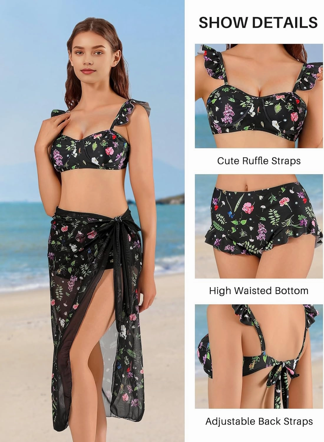 Womens 3 Piece Swimsuits with Cover Up 3 Pieces Bikini Set with Sarong High Waisted Bikini with Beach Cover Up Set