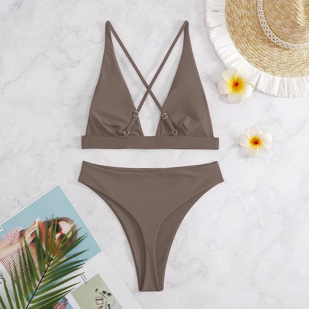 Womens High Waisted Thong Bikini Sets Sexy Brazilian Triangle Top Deep V Neck Two Piece Swimsuit Bathing Suits