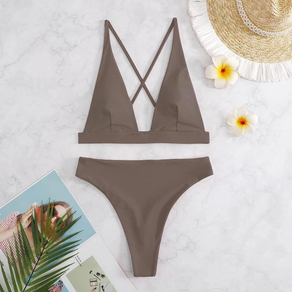 Womens High Waisted Thong Bikini Sets Sexy Brazilian Triangle Top Deep V Neck Two Piece Swimsuit Bathing Suits