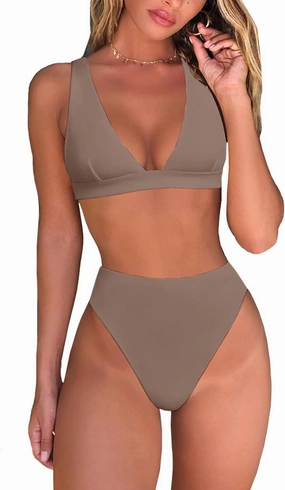 Womens High Waisted Thong Bikini Sets Sexy Brazilian Triangle Top Deep V Neck Two Piece Swimsuit Bathing Suits