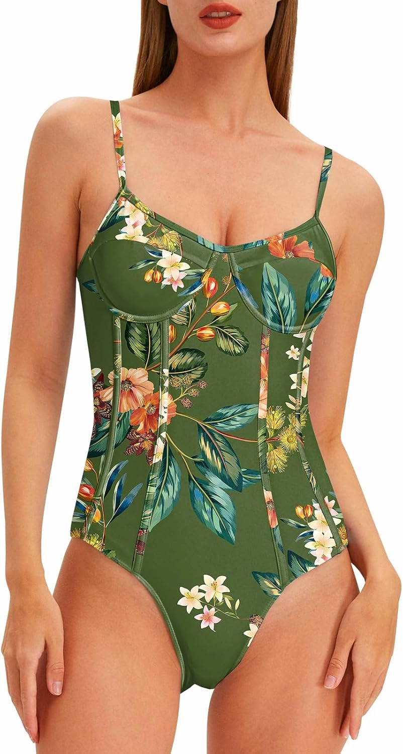 Womens One Piece Swimsuit with Cover Up Sarong Wrap Floral Bathing Suits 1 Piece Swim Suit with Beach Cover Up Set