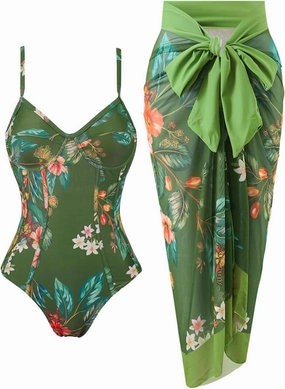 Womens One Piece Swimsuit with Cover Up Sarong Wrap Floral Bathing Suits 1 Piece Swim Suit with Beach Cover Up Set