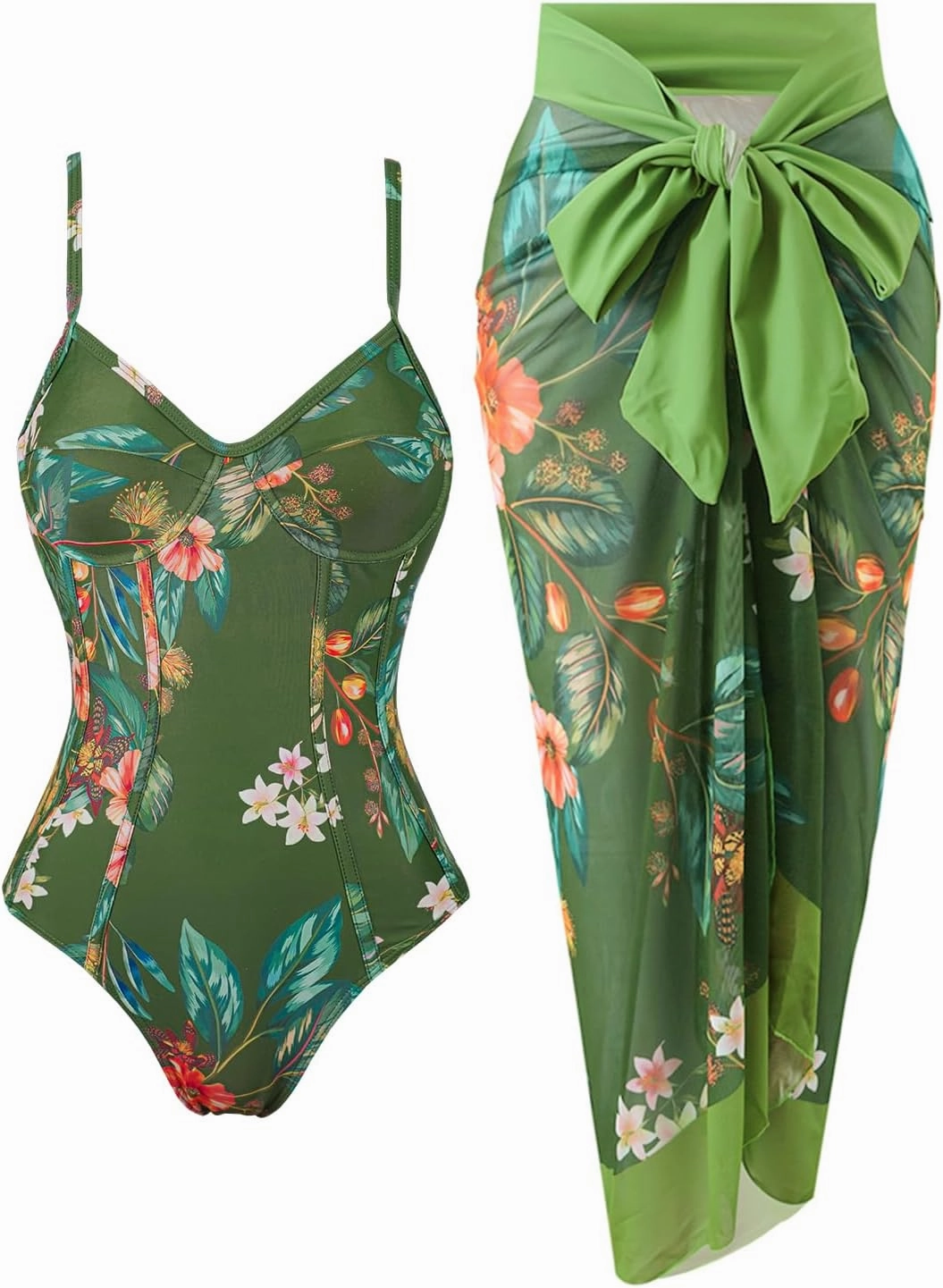 Womens One Piece Swimsuit with Cover Up Sarong Wrap Floral Bathing Suits 1 Piece Swim Suit with Beach Cover Up Set