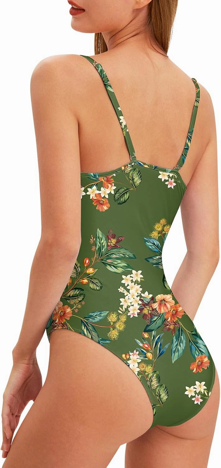 Womens One Piece Swimsuit with Cover Up Sarong Wrap Floral Bathing Suits 1 Piece Swim Suit with Beach Cover Up Set