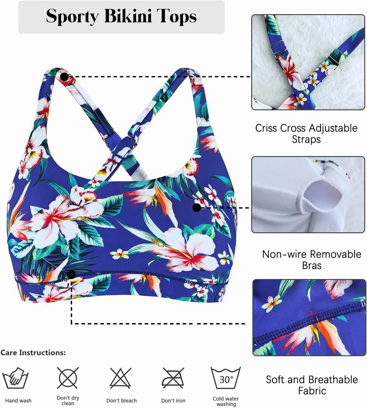 Womens Supportive Scoop Neck Sporty Swimsuit Cross Spaghetti Strap Bathing Suit Bikini Top