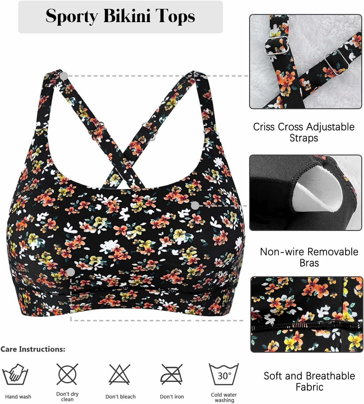Womens Supportive Scoop Neck Sporty Swimsuit Cross Spaghetti Strap Bathing Suit Bikini Top
