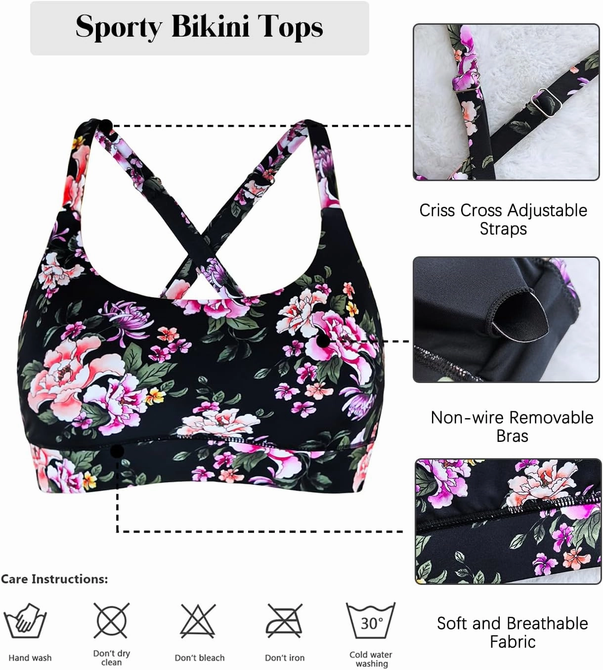 Womens Supportive Scoop Neck Sporty Swimsuit Cross Spaghetti Strap Bathing Suit Bikini Top