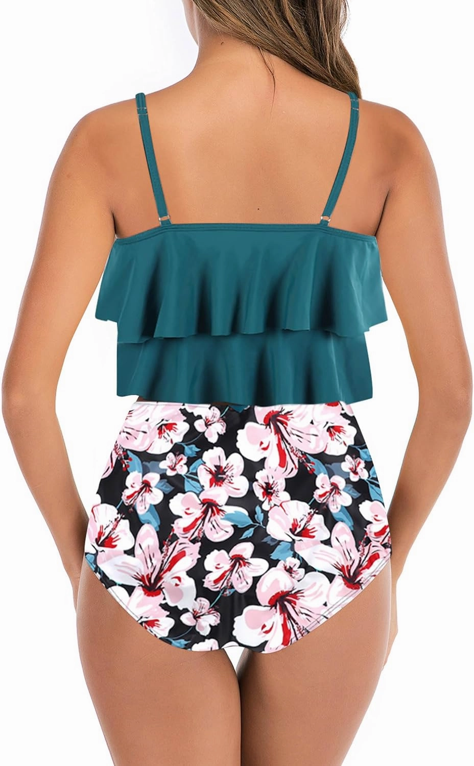 Womens Tankini Swimsuits Ruffled Tank Top Tummy Control Floral Modest Swimwear High Waisted Bikini